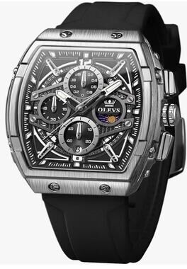 OLEVS 2975G Men's Black Chronograph Watch Silver Tone Stainless Steel NEW
